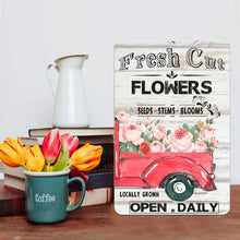 Load image into Gallery viewer, Fresh Cut Flowers Metal Sign set with tulips and books, adding vintage charm to kitchens, cafes, and gift displays.
