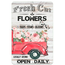 Load image into Gallery viewer, Dyenamic Art Fresh Cut Flowers Metal Sign – Rustic farmhouse decor featuring vintage red truck, pink roses, and wood-style background.
