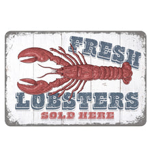 Load image into Gallery viewer, Dyenamic Art Fresh Lobsters Sold Here Metal Sign – Rustic coastal seafood market sign featuring a bold red lobster on a distressed white wood background. Perfect for restaurants, seafood shacks, and beach houses.
