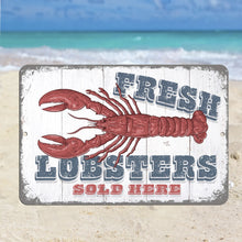 Load image into Gallery viewer, Vintage Fresh Lobsters Sign displayed on a beach background, creating a nautical and coastal vibe for seafood restaurants, kitchens, or seafood markets.
