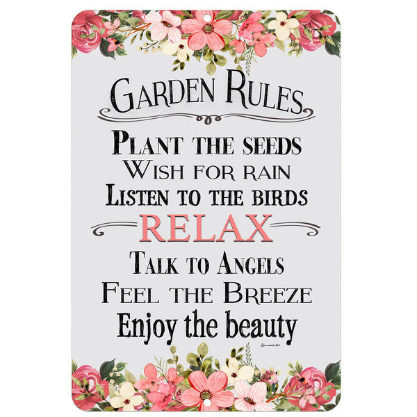 Dyenamic Art Garden Rules Metal Sign – Floral garden sign with elegant typography, featuring inspirational quotes. 