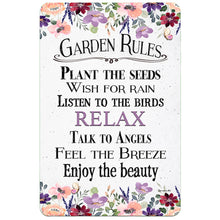 Load image into Gallery viewer, Dyenamic Art Garden Rules Metal Sign – Inspirational floral sign with vintage-style typography and garden-themed sayings.
