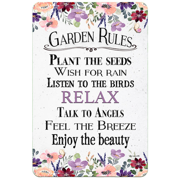 Dyenamic Art Garden Rules Metal Sign – Inspirational floral sign with vintage-style typography and garden-themed sayings.