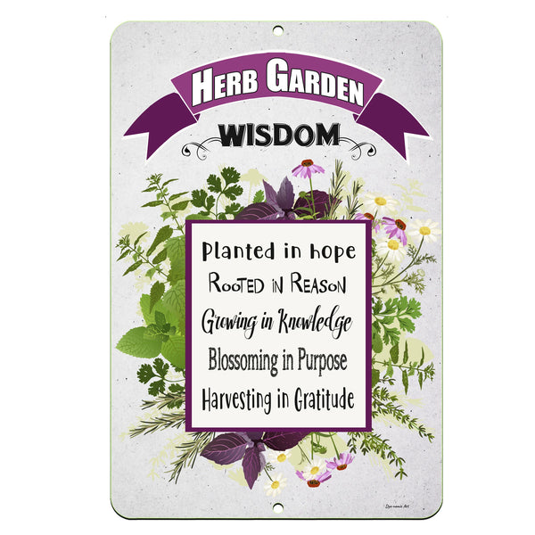 Dyenamic Art Garden Wisdom Metal Sign – Inspirational herb garden design with purple banner, greenery, and meaningful quotes.