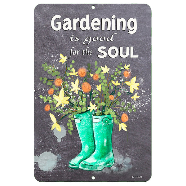 Dyenamic Art Gardening is Good for the Soul Metal Sign – Green boots with flowers on a rustic chalkboard background.