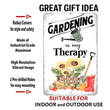 Load image into Gallery viewer, Gardening Is My Therapy Metal Sign with text overlay detailing durable metal, vibrant print, and pre-drilled holes for mounting.
