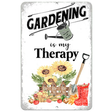 Load image into Gallery viewer, Dyenamic Art Gardening Is My Therapy Metal Sign – Rustic decor with sunflowers, garden tools, and distressed white background.
