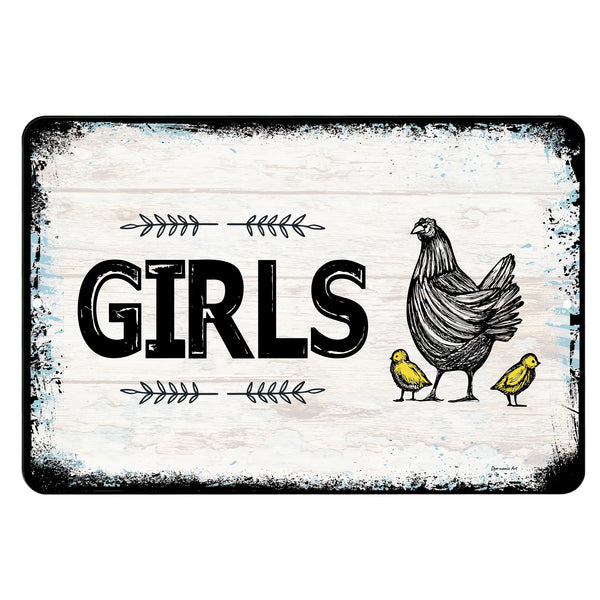 Dyenamic Art Girls' Bathroom Metal Sign – Rustic restroom sign featuring a vintage-style hen with baby chicks and the word "GIRLS" on a distressed wood background. Perfect for farmhouse and country-style decor.
