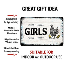 Load image into Gallery viewer, Dyenamic Art Girls&#39; Bathroom Sign with text overlay highlighting its industrial-grade aluminum, pre-drilled holes for easy mounting, and weather-resistant finish for indoor and outdoor use.
