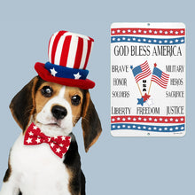 Load image into Gallery viewer, Dyenamic Art - God Bless America Metal Sign – A Patriotic Sign Featuring Red, White, and Blue Accents, Two American Flags, and Words Honoring Soldiers, Military, and Freedom.

