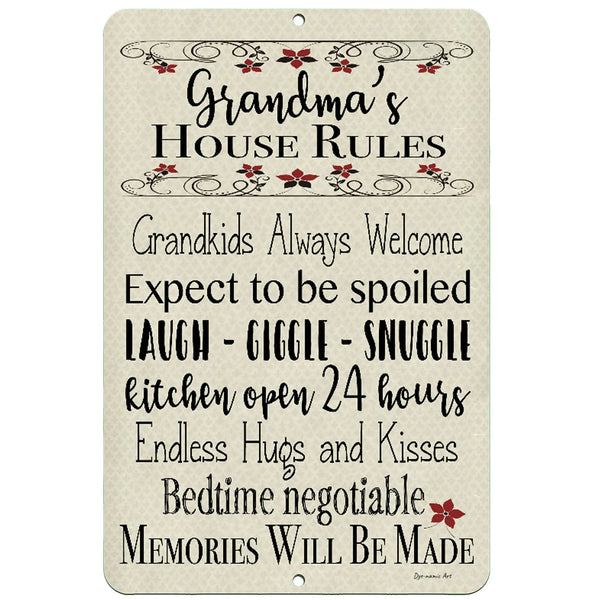 Dyenamic Art Grandma’s House Rules Metal Sign – Family quote sign with a vintage beige background, red floral accents, and a heartwarming design.