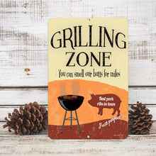 Load image into Gallery viewer, Grilling Zone Metal Sign – Funny BBQ sign with a vintage-style grill illustration and a comical saying about great ribs.
