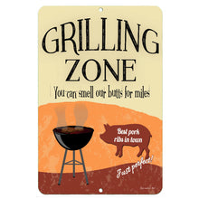 Load image into Gallery viewer, Grilling Zone Metal Sign – Humorous BBQ sign for grill masters and meat lovers, perfect for patios, outdoor kitchens, and backyard cookouts.
