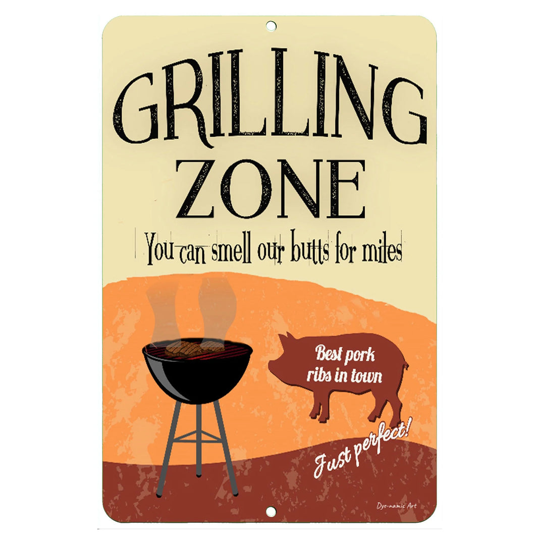 Grilling Zone Metal Sign – Humorous BBQ sign for grill masters and meat lovers, perfect for patios, outdoor kitchens, and backyard cookouts.