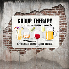 Load image into Gallery viewer, Detailed close-up of the Group Therapy Metal Sign, showcasing colorful cocktail illustrations, a distressed off-white background, and bold black typography for a modern bar decor feel.
