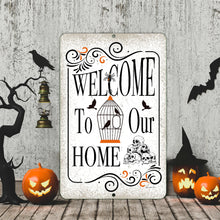 Load image into Gallery viewer, Vintage-inspired Halloween sign showcased in a spooky-themed home décor setup with pumpkins and bats.
