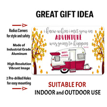 Load image into Gallery viewer, Happy Campers Metal Sign – Vintage-style Shasta camper plaque with an inspiring quote from Winnie the Pooh. Durable aluminum with pre-drilled holes for easy mounting.

