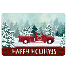 Load image into Gallery viewer, Dyenamic Art Happy Holidays Red Truck Metal Sign – A vintage red truck with a Christmas wreath in a snowy forest setting, featuring a plaid holiday border and &quot;Happy Holidays&quot; text.
