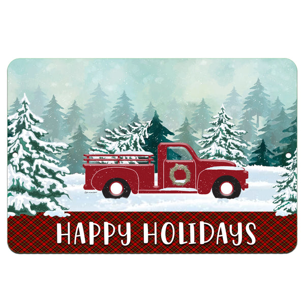 Dyenamic Art Happy Holidays Red Truck Metal Sign – A vintage red truck with a Christmas wreath in a snowy forest setting, featuring a plaid holiday border and "Happy Holidays" text.