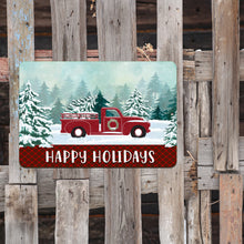 Load image into Gallery viewer, Dyenamic Art Happy Holidays Red Truck Sign mounted on a wooden fence, adding farmhouse-style charm to holiday décor.
