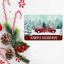 Load image into Gallery viewer, Festive Dyenamic Art Happy Holidays Metal Sign placed among candy canes, pine cones, and Christmas greenery for a warm seasonal atmosphere.
