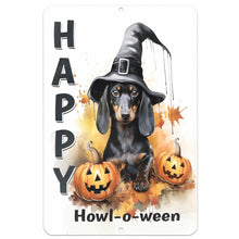 Load image into Gallery viewer, Dyenamic Art Happy Howl-o-ween Metal Sign – Adorable Halloween-themed dachshund wearing a witch hat, sitting among glowing jack-o&#39;-lanterns with autumn leaves. Perfect festive decor for dog lovers and Halloween enthusiasts.
