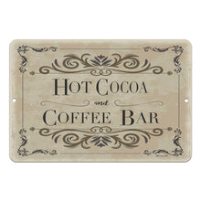 Load image into Gallery viewer, Dyenamic Art Hot Cocoa &amp; Coffee Bar Metal Sign – Elegant vintage-style coffee sign with decorative flourishes, a distressed beige background, and bold black lettering. A stylish addition to coffee stations, kitchens, and cafes.
