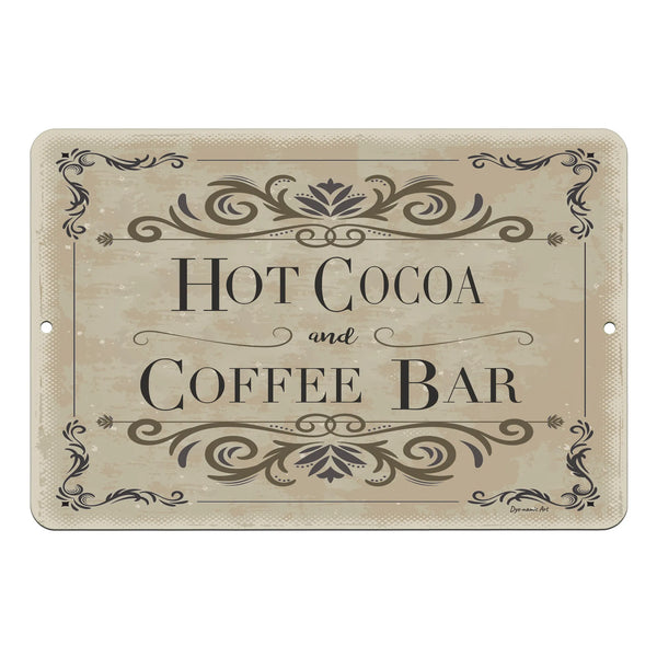 Dyenamic Art Hot Cocoa & Coffee Bar Metal Sign – Elegant vintage-style coffee sign with decorative flourishes, a distressed beige background, and bold black lettering. A stylish addition to coffee stations, kitchens, and cafes.