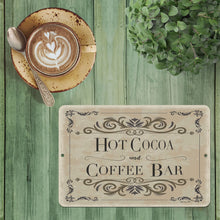 Load image into Gallery viewer, Hot Cocoa &amp; Coffee Bar Sign placed on a rustic green wooden table next to a vintage ceramic coffee cup with latte art, cinnamon sticks, and fresh mint leaves, enhancing coffee bar aesthetics.
