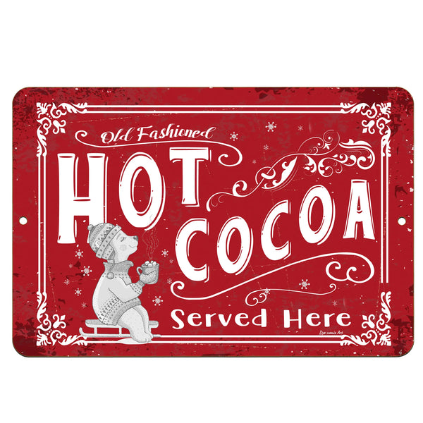 Dyenamic Art Old-Fashioned Hot Cocoa Metal Sign – Vintage-style red sign featuring a cozy winter theme with decorative typography and a bear enjoying a cup of cocoa. Perfect for holiday kitchen decor.