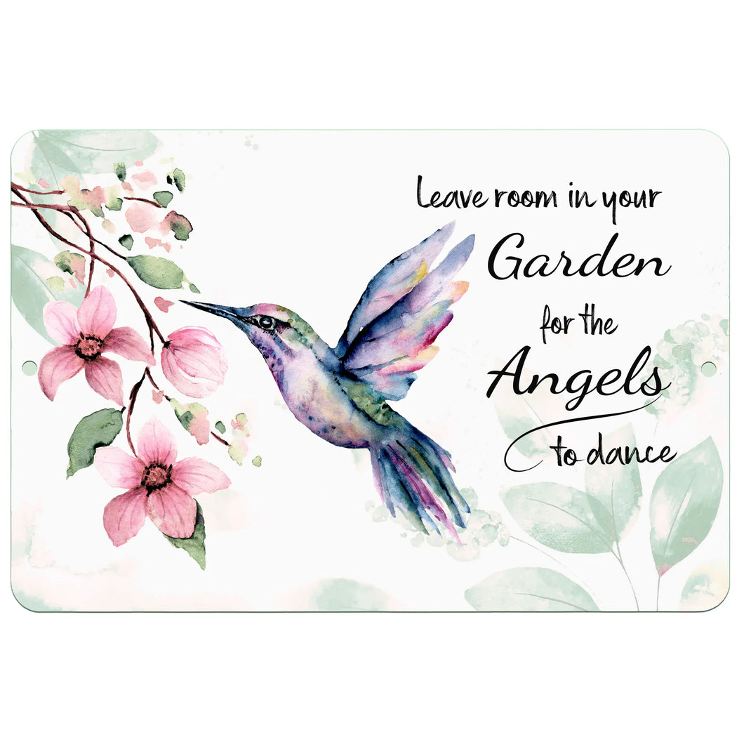 Dyenamic Art Hummingbird Metal Sign – Watercolor hummingbird with pink blossoms and angel-inspired quote.