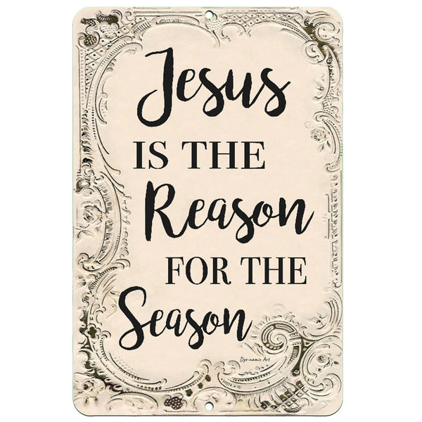 Dyenamic Art Jesus is the Reason for the Season Metal Sign – Elegant Christmas wall décor with vintage scrollwork design and inspirational message.