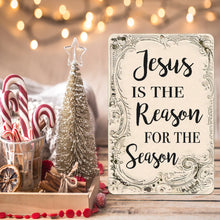 Load image into Gallery viewer, Jesus Is the Reason for the Season Holiday Sign – Inspirational Christian Christmas decoration with intricate frame detailing, great for festive settings
