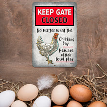 Load image into Gallery viewer, Rustic chicken warning sign placed beside farm-fresh eggs and hay, creating the perfect decor for chicken keepers, poultry farmers, and backyard coops.
