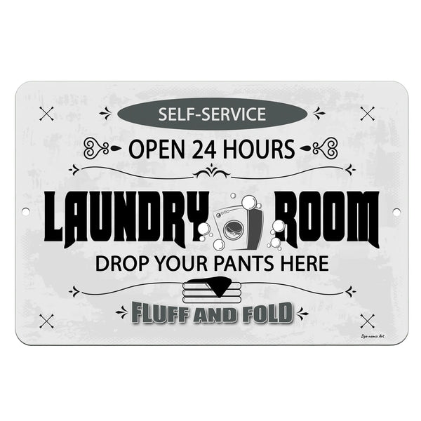 Dyenamic Art Laundry Room Metal Sign – Funny black-and-white vintage sign with "Drop Your Pants Here" text, adding humor to washroom decor. Ideal for laundry rooms and self-service laundromats.