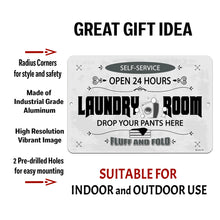 Load image into Gallery viewer, Dyenamic Art Laundry Room Sign with text overlay highlighting its durable aluminum material, pre-drilled holes for mounting, and retro-inspired design for home or commercial use.

