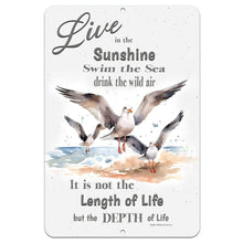 Load image into Gallery viewer, Dyenamic Art 'Live in the Sunshine' metal sign featuring a watercolor seagull design with an inspirational quote by Ralph Waldo Emerson. A serene coastal decor piece.
