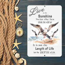 Load image into Gallery viewer, Dyenamic Art seagull-themed sign displayed on a dark blue nautical background with rope and a compass, enhancing its maritime-inspired design.
