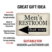 Load image into Gallery viewer, Dyenamic Art Men&#39;s Restroom Sign with text overlay highlighting its durable aluminum construction, pre-drilled holes for easy mounting, and weather-resistant design for indoor and outdoor use.
