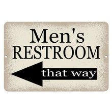Load image into Gallery viewer, Dyenamic Art Men&#39;s Restroom Left-Pointing Arrow Metal Sign – Vintage-style bathroom sign with &quot;Men’s Restroom That Way&quot; text and a distressed beige background. Ideal for home, office, and commercial restrooms.
