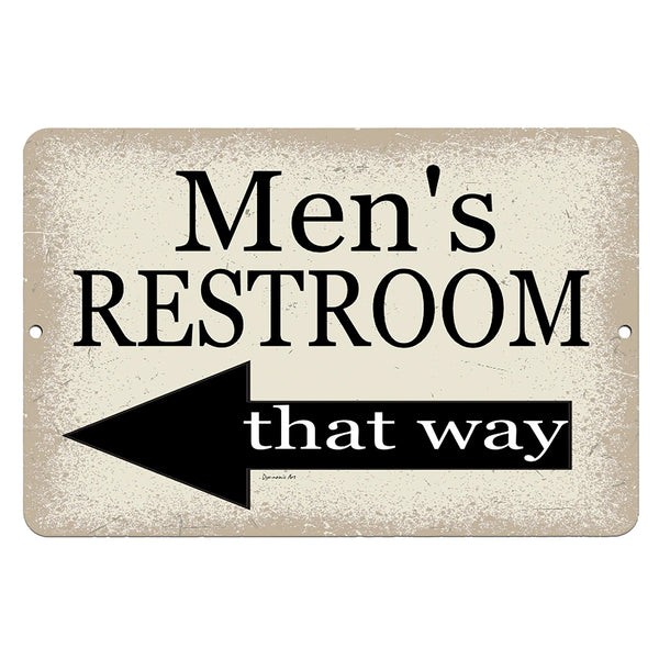Dyenamic Art Men's Restroom Left-Pointing Arrow Metal Sign – Vintage-style bathroom sign with "Men’s Restroom That Way" text and a distressed beige background. Ideal for home, office, and commercial restrooms.