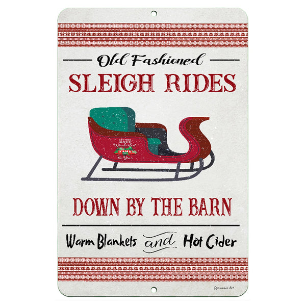 Dyenamic Art Old Fashioned Sleigh Rides Metal Sign – A vintage-inspired Christmas wall sign featuring a red sleigh with green seats, decorative text, and a snowy holiday background.