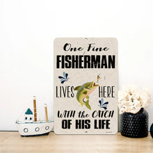 Load image into Gallery viewer, Vintage-style fishing sign displayed in a nautical-themed setting, perfect for fishermen and outdoor enthusiasts.
