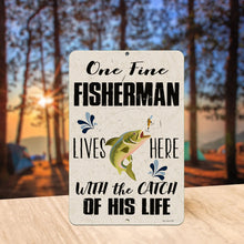 Load image into Gallery viewer, Fishing-themed metal sign displayed in an outdoor adventure setting, ideal for lake houses, cabins, and fishing lovers.
