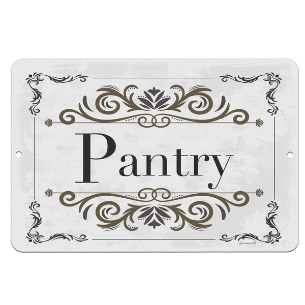 Dyenamic Art Pantry Metal Sign – Elegant vintage-style kitchen sign with decorative black and gold scrollwork on a distressed white background. A stylish addition to farmhouse and classic kitchens.