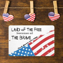 Load image into Gallery viewer, Dyenamic Art - God Bless America Metal Sign – A Detailed View of the Vibrant, High-Quality Print Featuring USA Flags, Stars, and Bold Lettering for a Timeless Patriotic Display.
