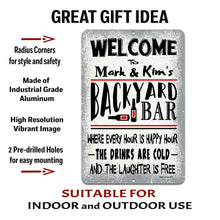 Load image into Gallery viewer, A zoomed-in image of the Dyenamic Art Personalized Backyard Bar sign, highlighting its industrial-grade aluminum construction, pre-drilled holes, and high-resolution print.
