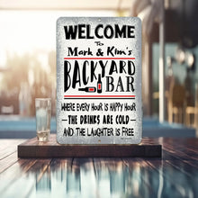 Load image into Gallery viewer, The Personalized Backyard Bar Metal Sign displayed beside a bright blue tile pool, evoking a tropical bar vibe perfect for summer gatherings.
