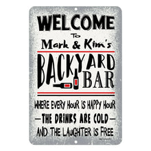 Load image into Gallery viewer, The Dyenamic Art Personalized Backyard Bar sign featuring customizable text, a playful distressed background, and a humorous happy hour quote.
