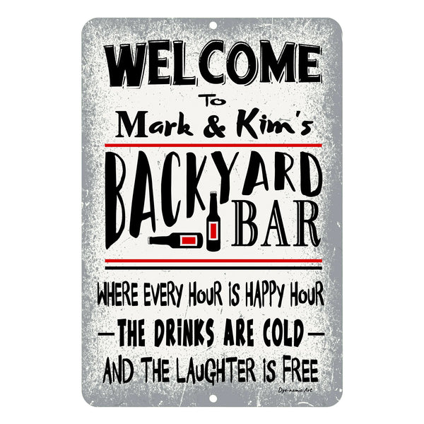 Dyenamic Art Personalized Backyard Bar Sign – Custom text with a distressed background and humorous happy hour quote for outdoor fun.
